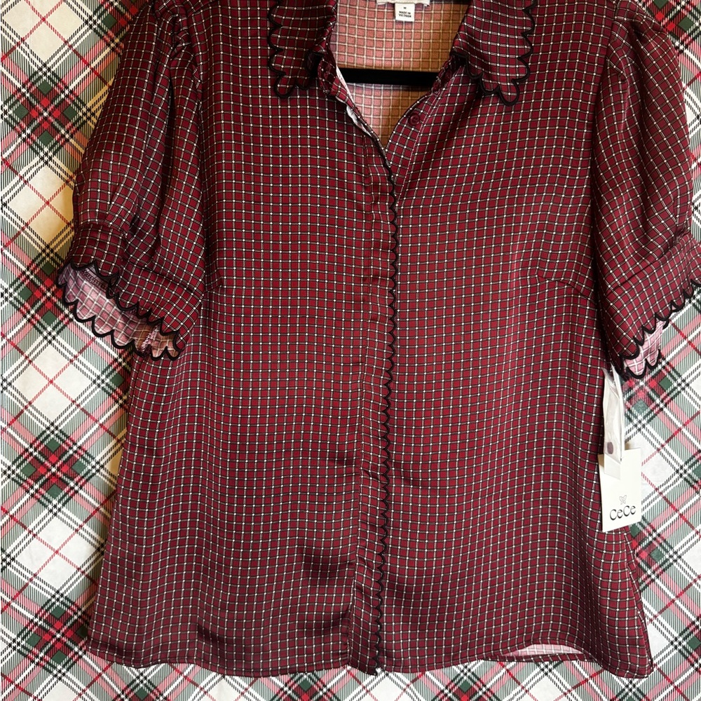Adorable, Unique CeCe Burgundy Checked Short Sleeve Blouse
